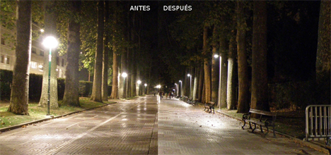 Comparación en la misma calle con el sistema luminario anterior y el sistema LumiMotion implantado por Philips