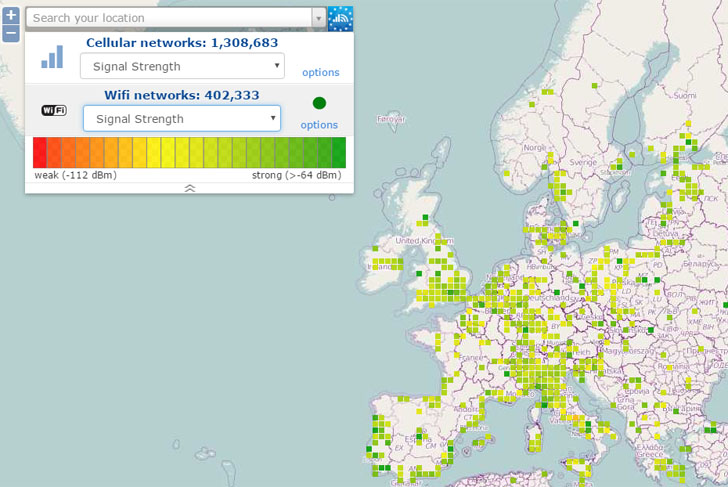 El Centro Común de Investigación de la Comisión Europea lanza App sobre la calidad de las conexiones a la red en los países europeos. Captura de la App con el mapa de Europa