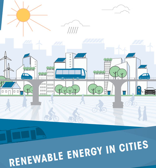 Portada del informe de IRENA Energía Renovable en las Ciudades. Dibujo de una ciudad con fuentes sostenibles