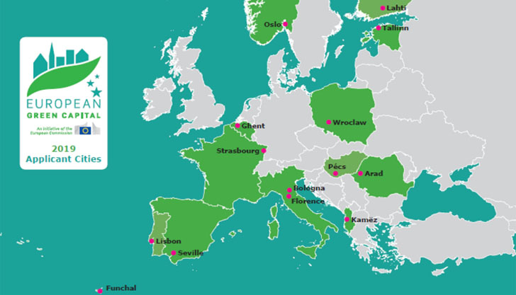 Mapa con las ciudades que competirán por convertirse en la Capital Verde Europea de 2019