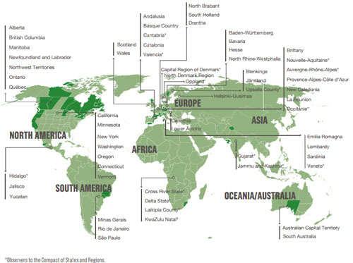 Mapa de países y regiones que forman parte del informe de transparencia del Compact de Estaados y Regiones
