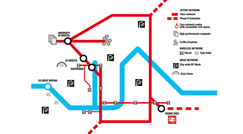 Mapa sobre el despliegue de redes digitales en el centro de Bristol para ser un laboratorio urbano.