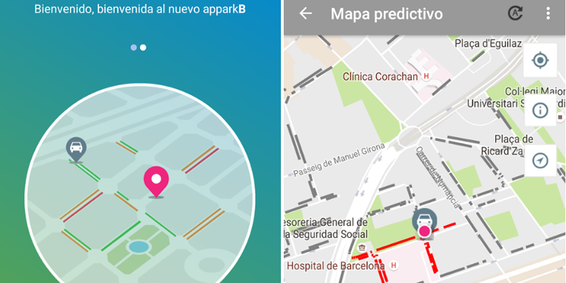 Capturas de la aplicación del modelo predictivo para aparcar en zona azul que muestra un mapa predictivo con plazas libres en Barcelona.