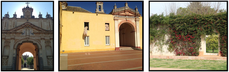 Fachada de entrada, entrada principal y parte del jardín del Monasterio de la Cartuja de Sevilla elegidos para el caso aplicado de docencia con realidad aumentada.