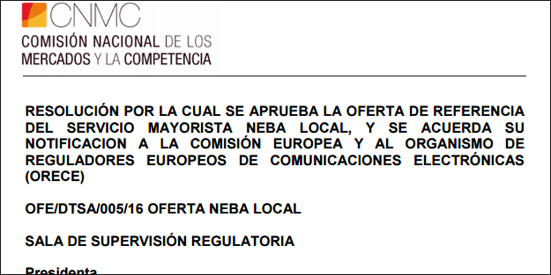 Inicio de la resolución por la que la CNMC aprueba la nueva oferta mayorista de fibra óptica de Telefónica.