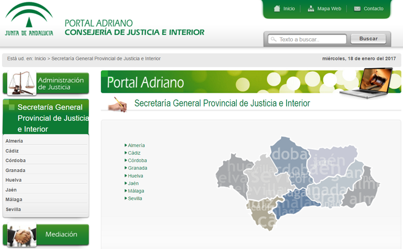 Captura de pantalla del portal Adriano, sistema de la Justicia Digital de Andalucía que ha registrado 12 millones de notificaciones telemáticas.
