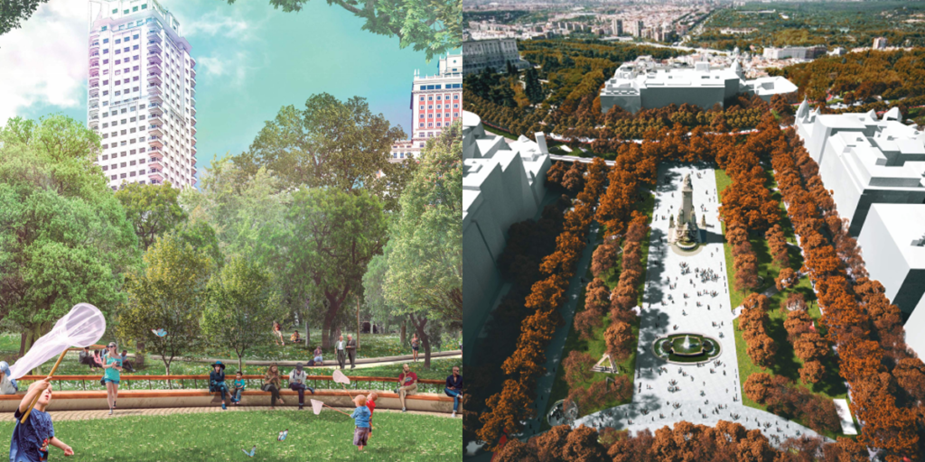 Proyectos finalistas para la remodelación de Plaza de España. ‘Welcome mother Nature, good by Mr Ford’ (izda.) y ‘Un paseo por la cornisa’ (dcha.).