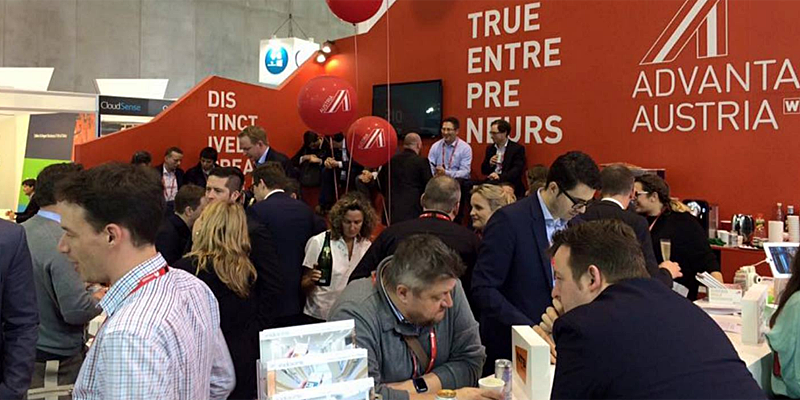 Stand de Advantage Austria en el Mobile World Congress de 2016, donde congrega al sector TIC y de I+D.