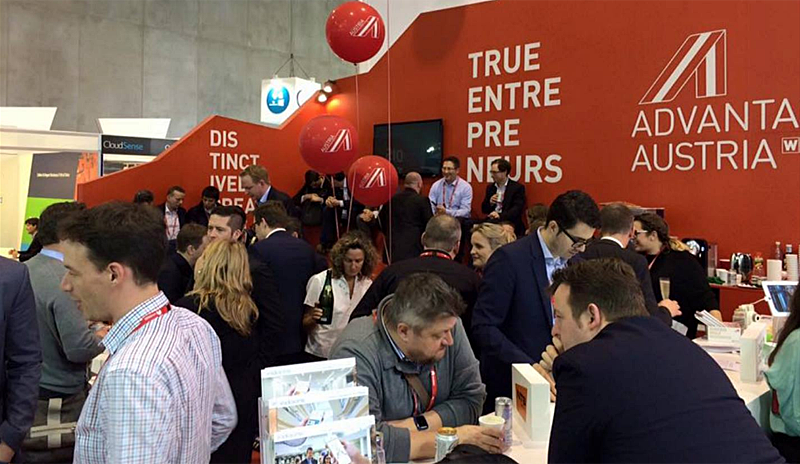 Stand de Advantage Austria en el Mobile World Congress de 2016, donde congrega al sector TIC y de I+D.