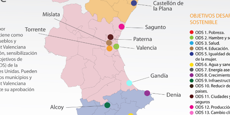 Mapa de integrantes de la Alianza de Ciudades por el Desarrollo Sostenible de la Comunidad Valenciana, que se han comprometido a promover mediante un convenio.