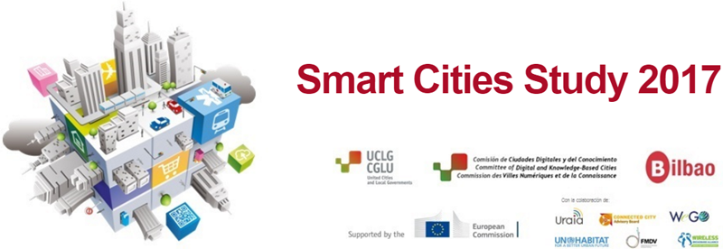 Infografía sobre una ciudad inteligente junto al nombre del informe, Estudio Smart Cities 2017 que busca ciudades que quieran participar.