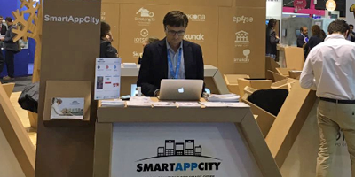 Stand de SmartAppCity, que participa junto con FIWARE en un workshop sobre plataformas de ciudad inteligente en Kansas City.