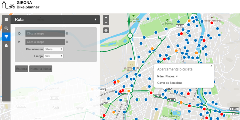 Aplicación desarrollada por la Universidad de Girona dentro de GeoSmartCity ofrece todo tipo de información sobre movilidad en bici por la ciudad, a partir de datos abiertos.