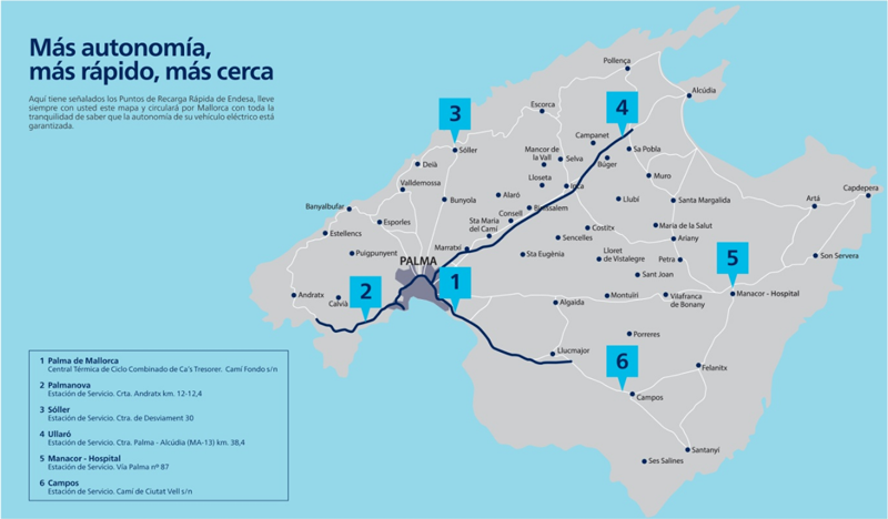 Mapa de Mallorca con los seis puntos de recarga rápida ecaR que pueden reservarse y pagarse con una App.