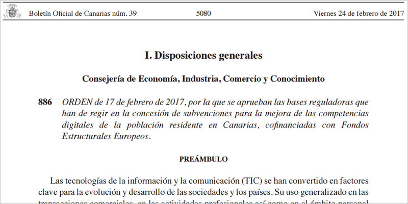 Bases reguladoras de la convocatoria de ayudas para entidades que ofrezcan actividades de mejora de las competencias digitales de la población en Canarias.