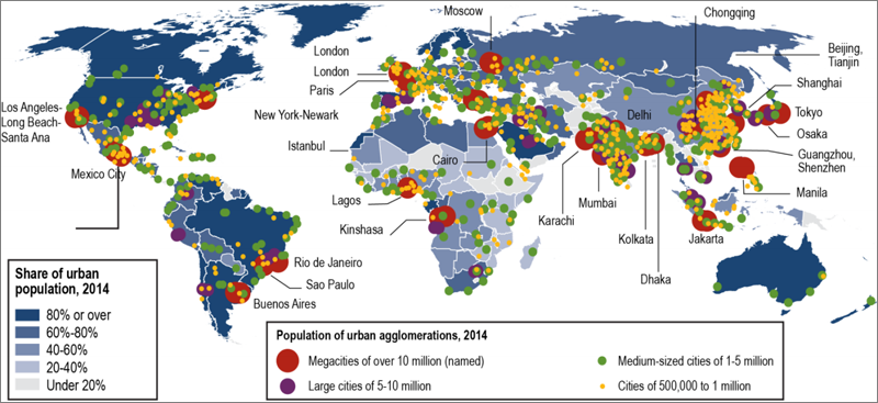 Población urbana mundial en 2014 y tamaño de las ciudades en el mundo.