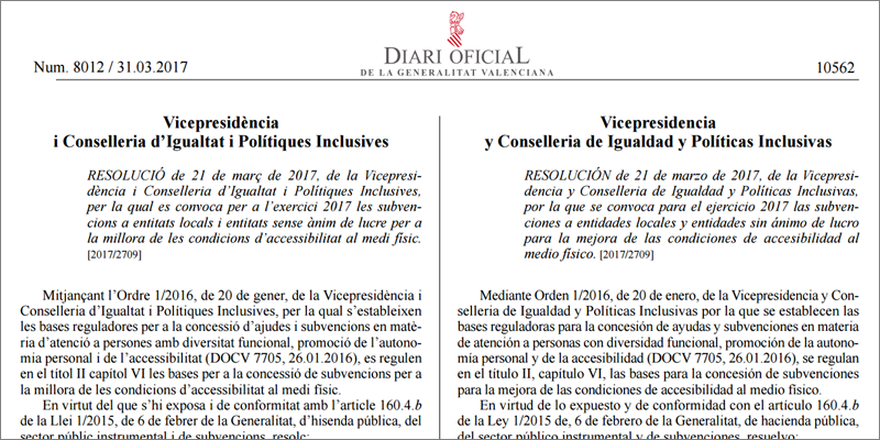 Publicación en el Diari Oficial de la Generalitat Valenciana (DOGV) de la convocatoria de subvenciones para la mejora de la accesibilidad de espacios en la Comunidad Valenciana.