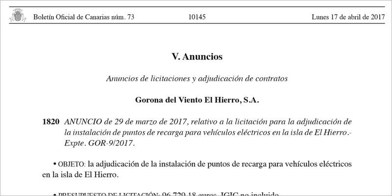 El presupuesto de licitación de Gorona del Viento El Hierro para los puntos de recarga de vehículos eléctricos es de 96.729 euros.