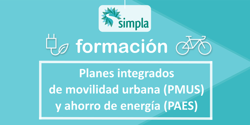 Cartel informativo sobre la formación gratuita que el Proyecto Simpla ofrece a técnicos municipales sobre planes integrados de movilidad urbana sostenible.