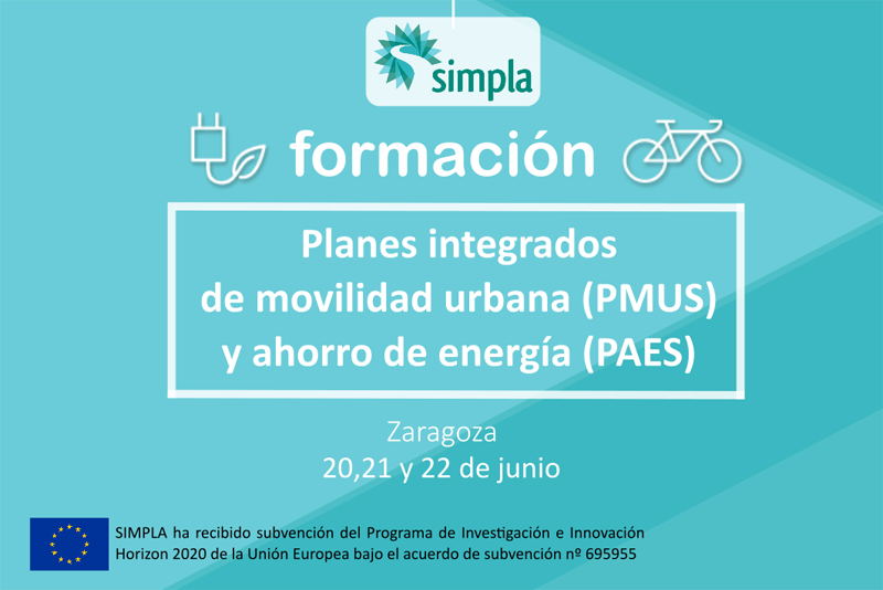 Cartel informativo sobre la formación gratuita que el Proyecto Simpla ofrece a técnicos municipales sobre planes integrados de movilidad urbana sostenible. 