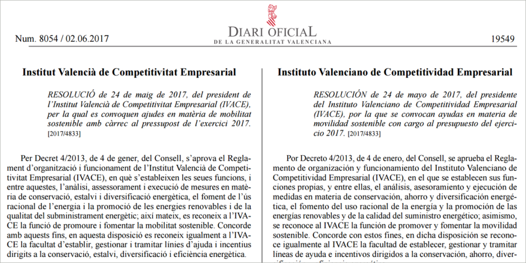 Convocatoria de ayudas del Ivace para proyectos de movilidad sostenible publicada en el Diario Oficial de la Comunidad Valenciana.