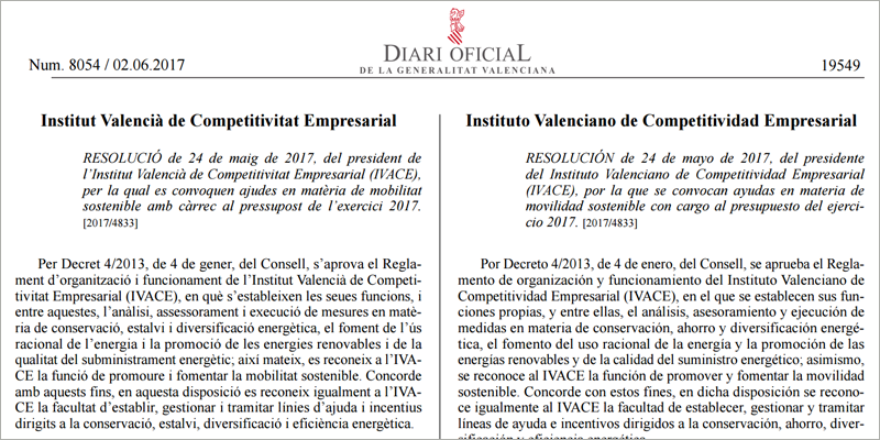 Convocatoria de ayudas del Ivace para proyectos de movilidad sostenible publicada en el Diario Oficial de la Comunidad Valenciana.