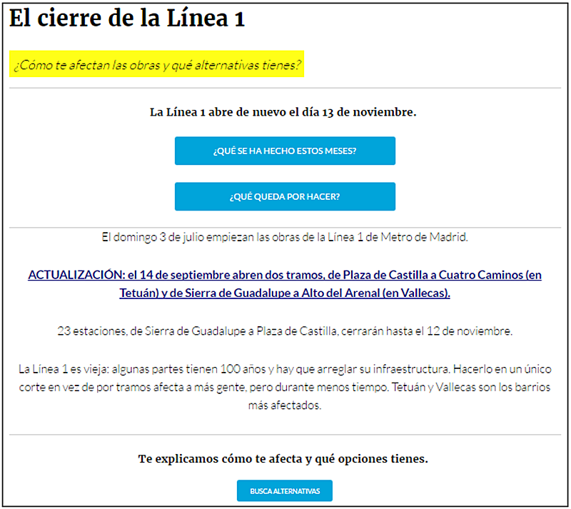 Figura 3. Captura de la web de participación, basada en datos abiertos, "El Cierre de la Línea 1" [Madrid] Fuente: http://elcierredelalinea1.es/.