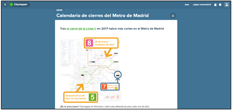 Figura 4. Captura de la web Citymapper, con el calendario de cierres del Metro Madrid [open data]. Fuente: Citymapper.