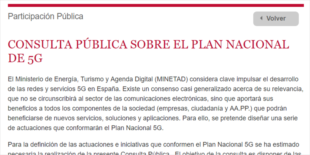 El documento del Plan Nacional de 5G del MINETAD estará disponible en consulta pública a sugerencias e ideas hasta el próximo 31 de julio.