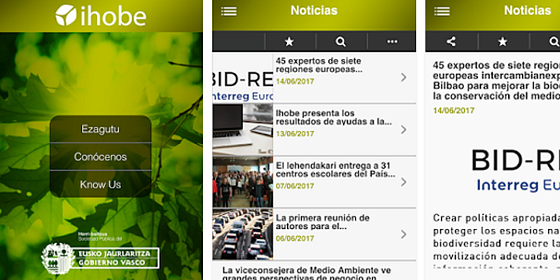 Pantallazos de la App desarrollada por Ihobe para acceder a la información medioambiental del País Vasco.