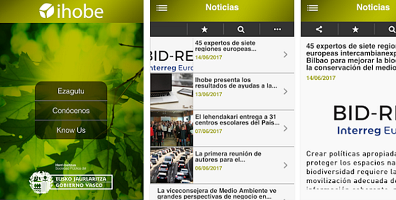 Pantallazos de la App desarrollada por Ihobe para acceder a la información medioambiental del País Vasco. 