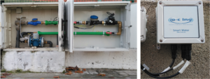 Figura 4. Instalación CPS IWESLA. Caudalímetro y electroválvulas añadidos a la acometida principal del edificio en serie con los equipos existentes (Izda.) y mota de control y comunicaciones (Dcha.).