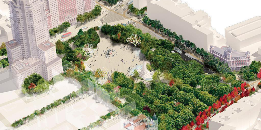 Recreación de vista aérea del resultado de la remodelación de Plaza de España cuyas obras empezarían, según los objetivos marcados por el Ayuntamiento de Madrid, en mayo de 2018.