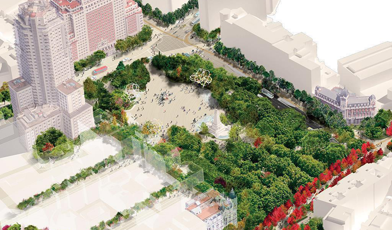 Recreación de vista aérea del resultado de la remodelación de Plaza de España cuyas obras empezarían, según los objetivos marcados por el Ayuntamiento de Madrid, en mayo de 2018. 