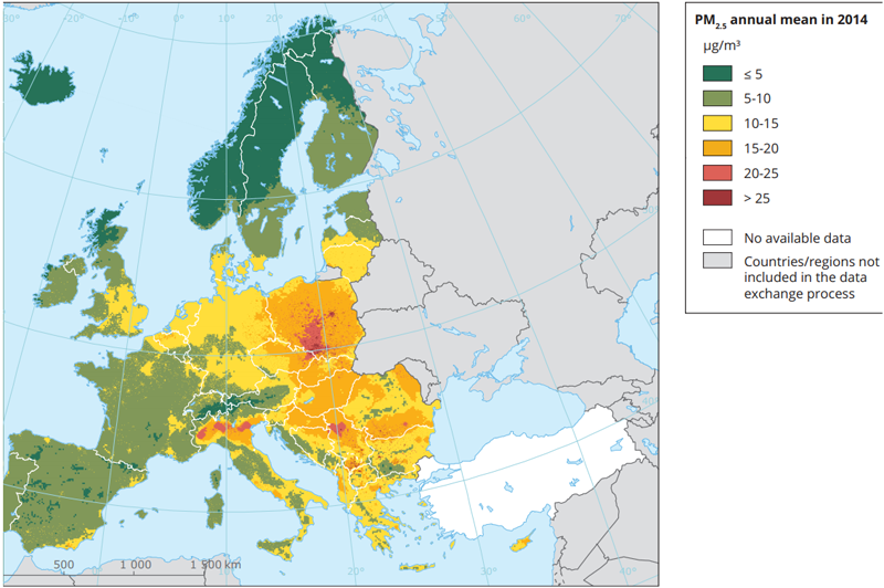 Exposición de la población europea a niveles demasiados altos de PM2.5 en 2014 según el informe sobre Calidad del Aire en Europa.