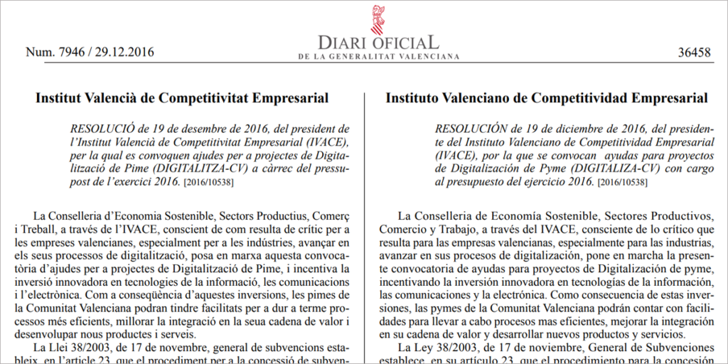 Publicación en el Diario Oficial de la Comunidad Valenciana de la convocatoria del programa de ayudas para la digitalización de pymes Digitaliza, uno de los dos programas abiertos a empresas, junto con Createc.