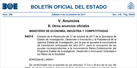 La Convocatoria Retos-Colaboración 2017 abre plazo de solicitud el 14 de noviembre con casi 400 millones de euros
