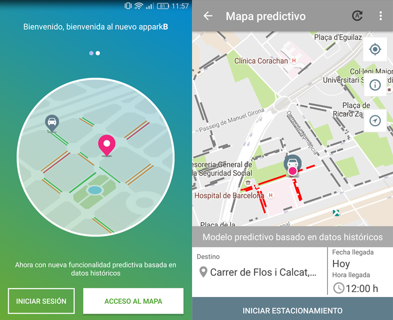 App del Sistema de Información al Usuario de predicción de plazas de aparcamiento en zonas azul y verde en Barcelona.