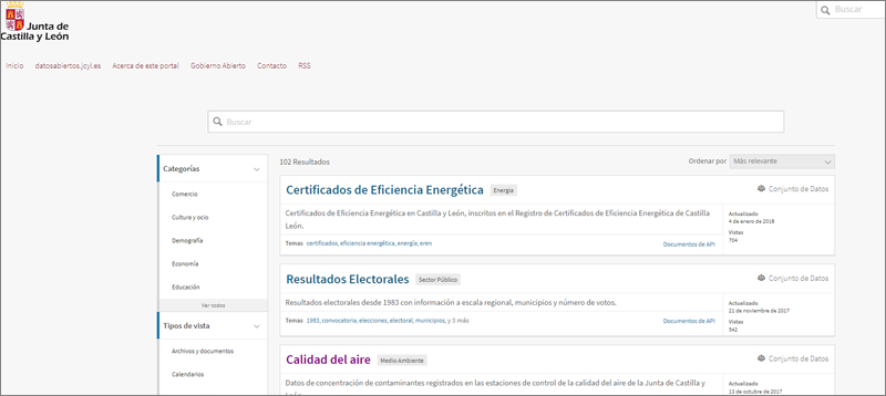 Apariencia del portal de análisis de datos abiertos con tecnología Socrata dentro del proyecto de Gobierno abierto de la Junta de Castilla y León.