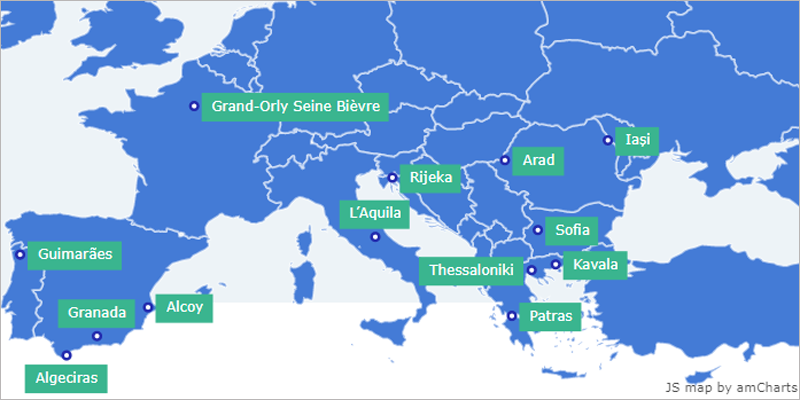 Mapa con algunas de las 15 ciudades seleccionadas en el programa europeo  'Digital Cities Challenge' de asesoramiento en la implementación del concepto de smart city, entre ellas, Alcoy, Algeciras y Granada.