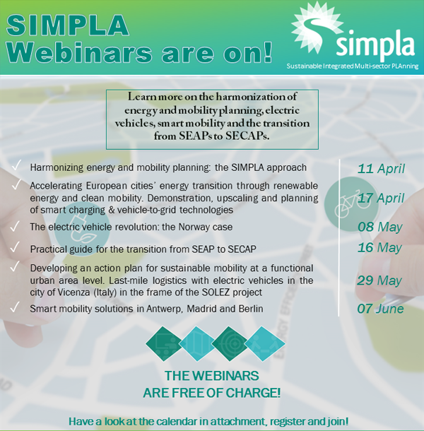 Calendario de webinars que imparte el Proyecto SIMPLA desde abril hasta junio sobre armonización de energía y movilidad.