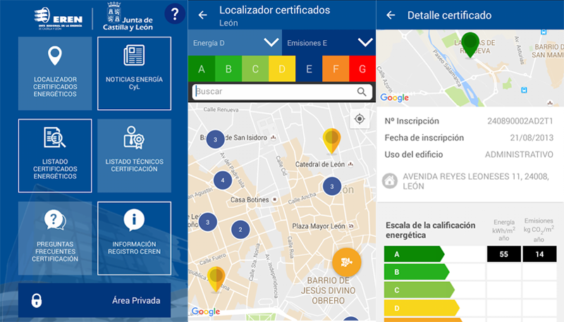 La App del Ente Regional de la Energía (EREN) incorpora la geolocalización de inmuebles de Castilla y León con certificado de eficiencia energética.