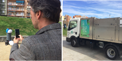 Usuario utilizando la aplicación fotografiando una papelera y foto de un camión de recogida de residuos. La aplicación MataróNeta permite a los ciudadanos avisar de incidencias sobre limpieza urbana y recogida de residuos a las autoridades, en tiempo real y adjuntando una imagen.