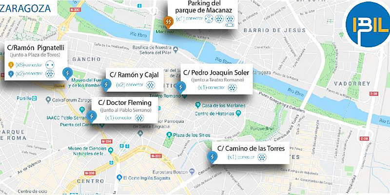 Mapa de ubicaciones y tipologías de las ocho electrolineras para vehículos eléctricos que Ibil instalará en Zaragoza y que estarán alimentados por energía renovable.