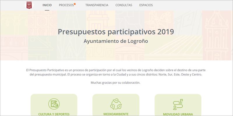 Pantallazo del inicio de la nueva plataforma de participación de Logroño con un apartado para presentar propuestas al presupuesto participativo 2019.