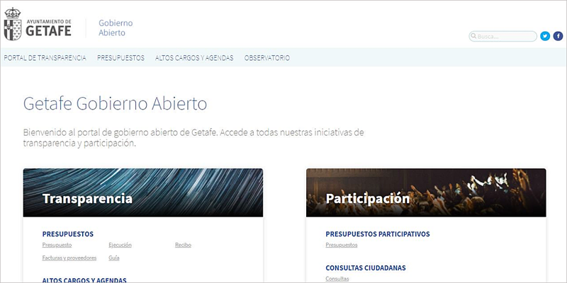 Pantallazo de portada del portal de Gobierno Abierto de Getafe.El nuevo portal de Gobierno Abierto de Getafe agrupa todos sus recursos y servicios bajo las áreas de participación y transparencia.