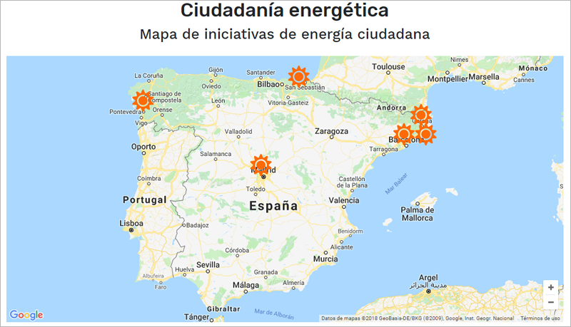 Mapa elaborado por Fundación Fiare y Greenpeace que recoge las iniciativas de participación ciudadana para la transición energética.
