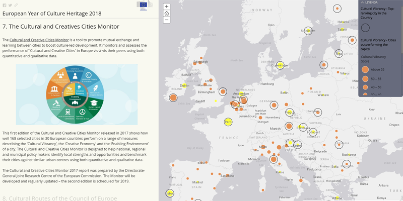 Una de las opciones que pueden visualizarse en la herramienta The Story Maps, con información sobre iniciativas culturales y vinculadas al patrimonio en toda Europa.
