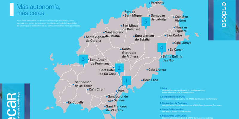 Mapa de electrolineras semirrápidas de la red desarrollada en la isla de Ibiza por Endesa en un acuerdo con la marca Smart.