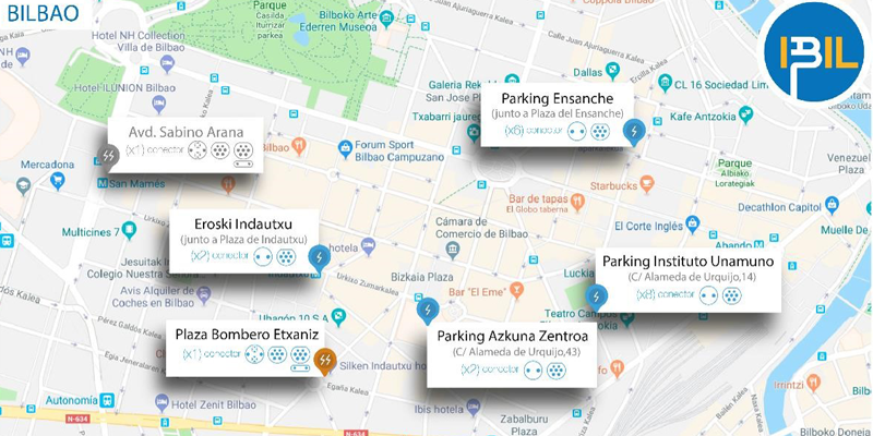 Mapa de puntos de recarga rápida y semirrápida con los que cuenta la ciudad de Bilbao para impulsar los vehículos eléctricos.